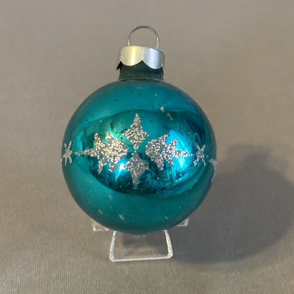 Vintage Glass Ball Christmas Ornament Blue Glitter Stencil Made USA Holiday